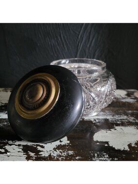 Vintage Pressed Glass Vanity Jar With Black Plastic and Brass Tone Metal Lid